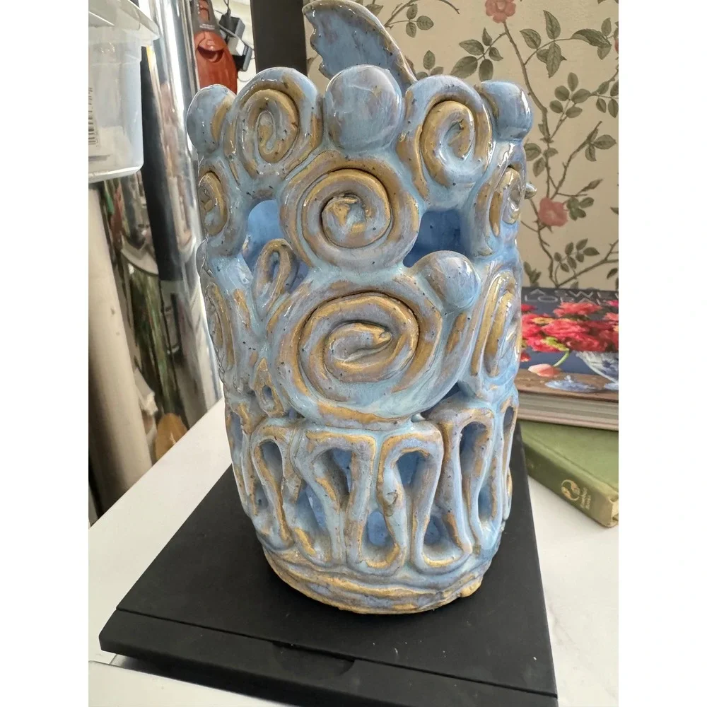 Studio Pottery Bird Vase Blue Gold Luster Handcrafted Ceramic Signed JT 9 Inch